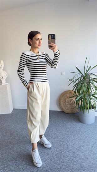 Sima Fitilli Çizgili Ekru Triko