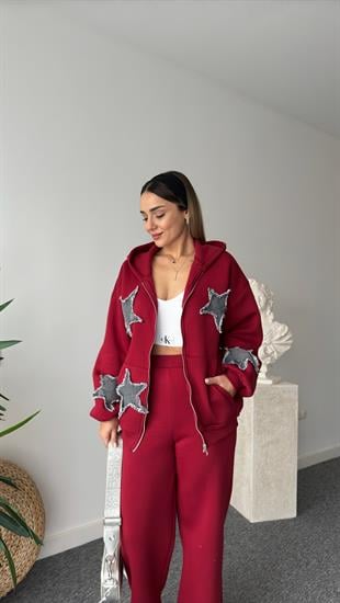 Denim Yıldız Detaylı Bordo Tasarım Takım