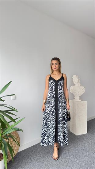 Orta Siyah Şeritli Zebra Desenli Elbise 