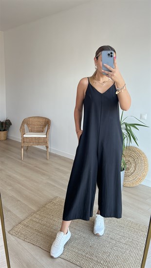 Askılı Siyah Poplin Tulum
