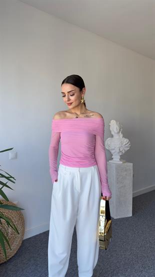 Madonna Yaka Büzgülü Pembe Bluz