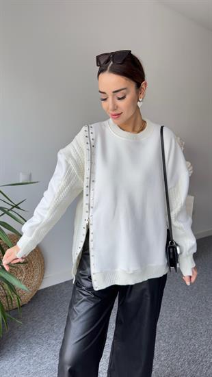Fermuarlı Taş Detay Orj Model Ekru Tasarım Sweat 