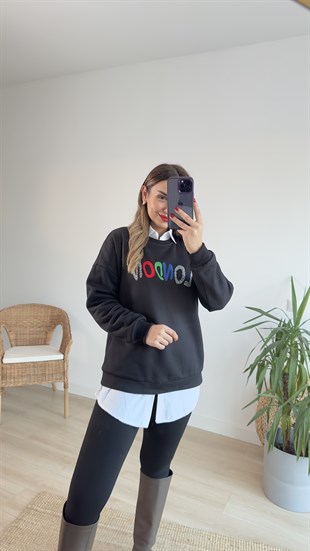 London Baskı Siyah Sweat