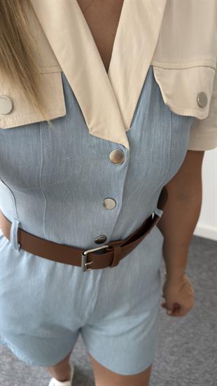 Ekru Garnili Kemerli Şortlu Tulum