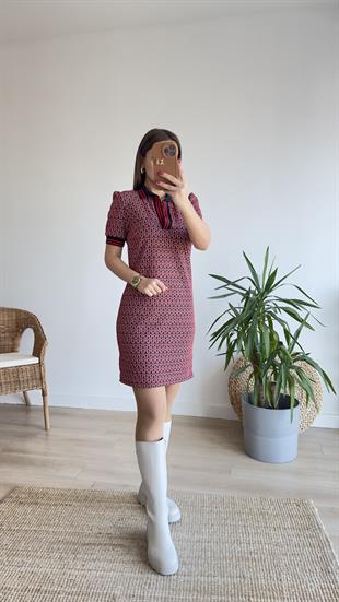 Kırmızı Siyah Polo Yaka Elbise 