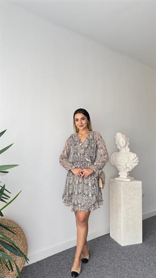 Hermin Yaka Fırfırlı Astarlı Şifon Elbise