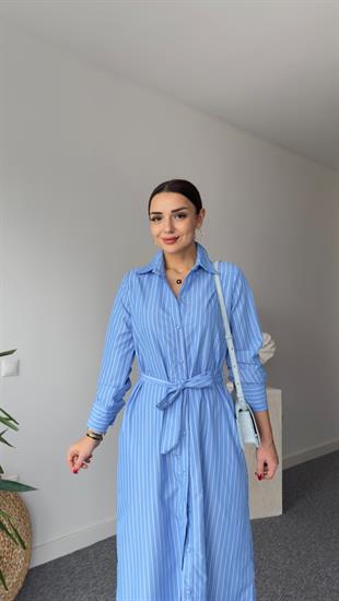 Çizgili Kuşak Detay Mavi Gömlek Elbise 