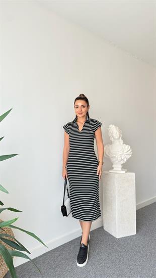 Siyah Fier Çizgili Polo Yaka Elbise 