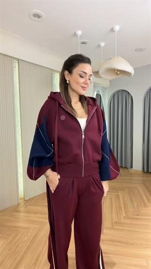 Bordo Balon Kol Triko Garnili Üçlü Takım