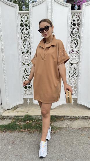 Kolu Taşlı Polo Yaka Kahve Elbise 