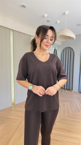 Kahve V Yaka Basic Massi Tshirt