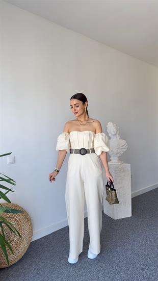 Riflet Kemerli Tasarım Bej Tulum