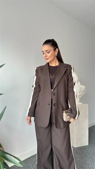 Kahve Silya Şerit Detaylı Blazer Pantolon Takım