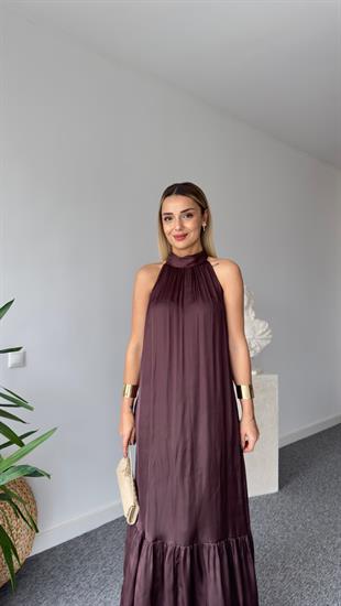 Orj Marka Boyundan Bağlamalı Kahve Elbise