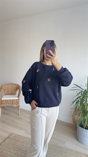 Renkli Taş İşlemeli Lacivert Sweat