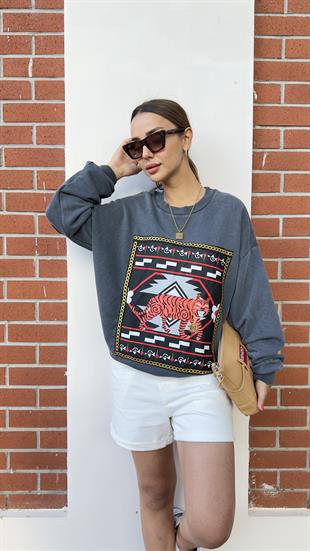 İşleme Ve Kaplan Desen Sweatshirt