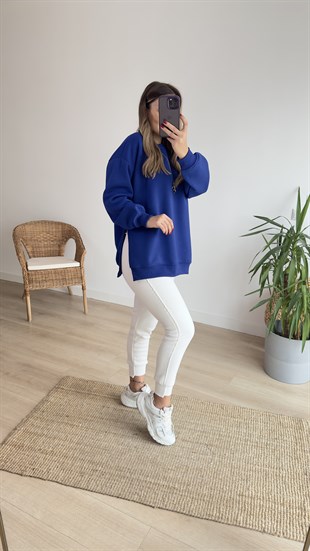 Yanları Yırtmaçlı Mavi Basic Sweat