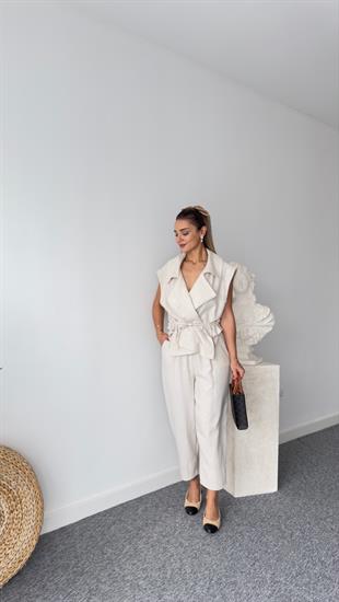 Nadie Yelekli Bej İkili Keten Takım 