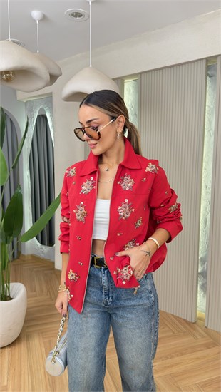 Kırmızı Losel Taş Detaylı Premium Ceket