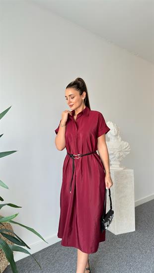 Bordo Menza Kemerli Elbise 