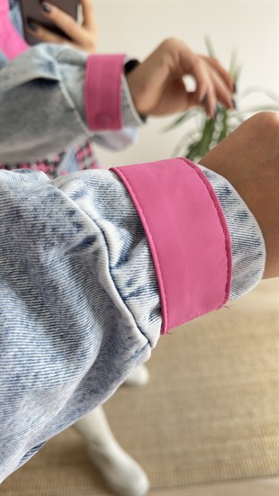 Pembe Kazayağı Desen Tasarım Kot Ceket