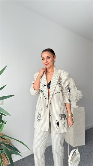 Jansen Nakış Detaylı Çizgili Blazer Ceket