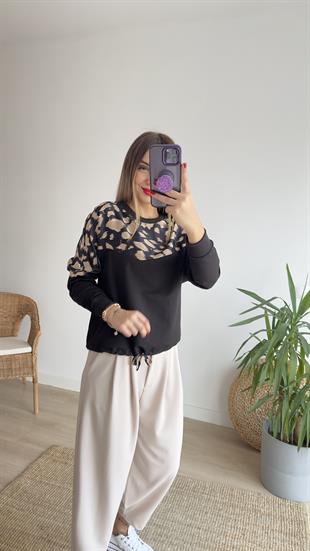Beli Büzgülü Leopar Desen Sweat
