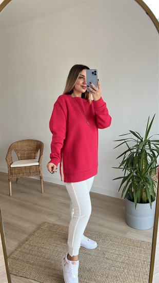 Yanı Fermuar Detaylı Salaş Fuşya Sweat