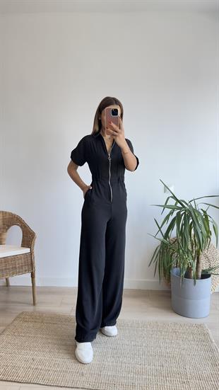 Santo Beli Lastikli Fermuar Detay Siyah Tulum