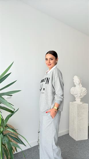 Beyaz Yaka Brooklyn Yazılı Gri Sweatshirt