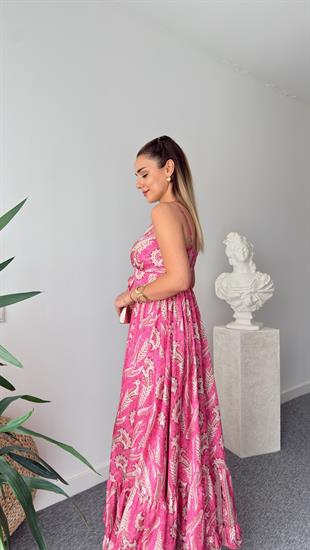 Pembe Etnik Desen Saten Premium Elbise