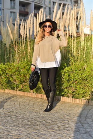 Poplin Detaylı Bej Sweatshirt