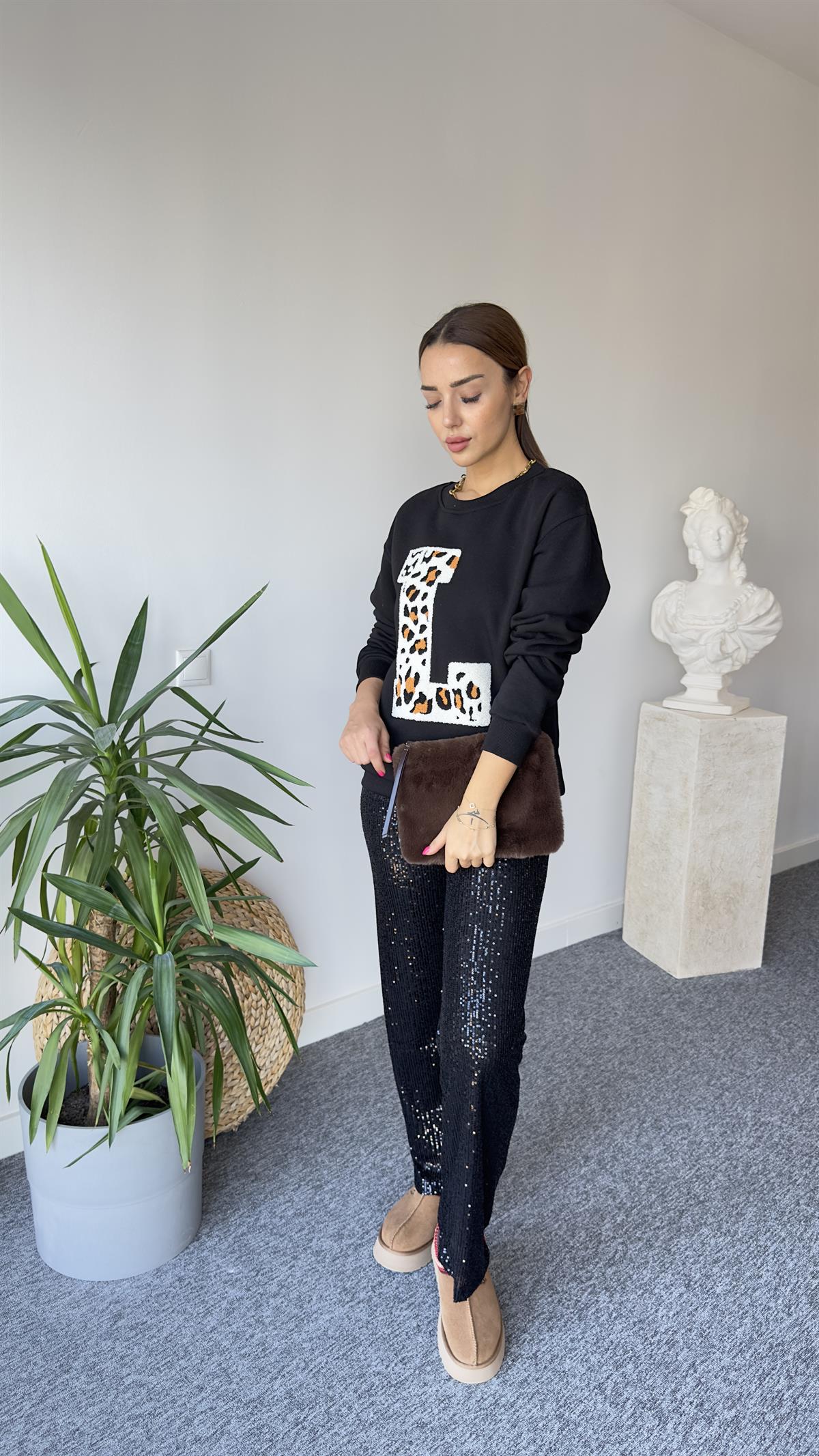 L Baskı Leopar Detay Siyah Zra Sweat