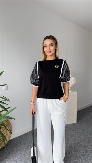 Vuo Aksesuarlı Kollar Çizgili Siyah Tshirt