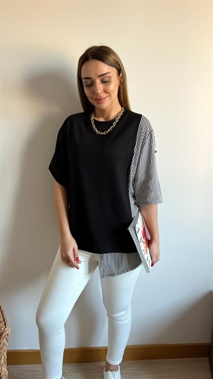 Asimetrik Kesim Garnili Siyah Bluz