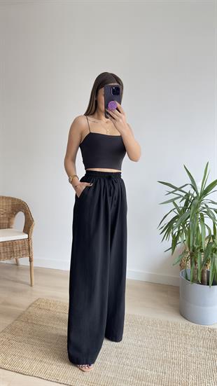 Keten Beli Lastikli Siyah Pantolon