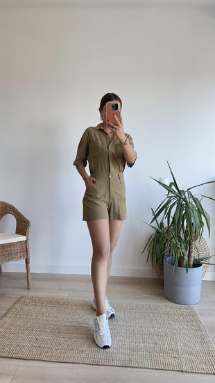 Haki Bel Lastik Detay Şort Tulum