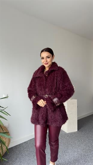 Premıum Deri Detaylı Bordo Peluş Mont 