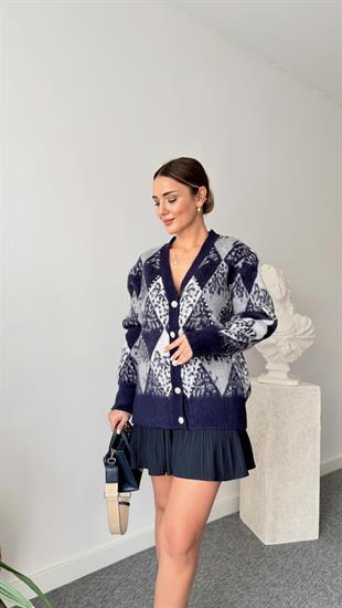 Mavi Paro Taş Detaylı Baklava Desen Hırka