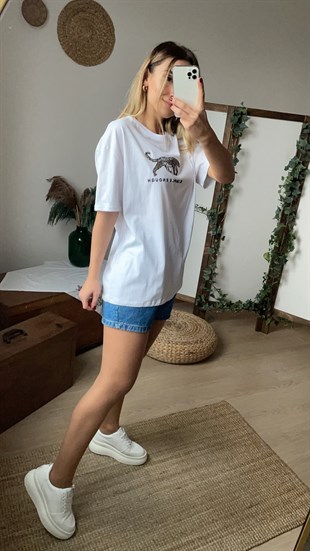 Kaplan Desen Beyaz Tshirt