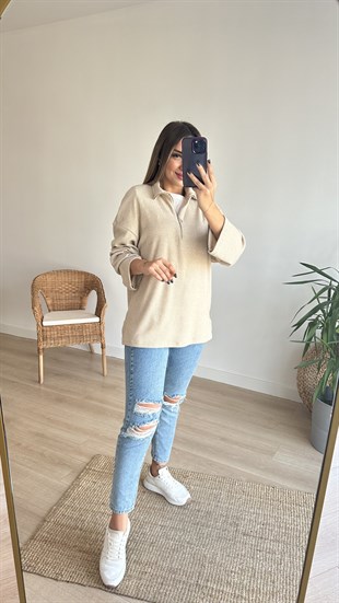 Yarım Fermuar Basic Bej Triko