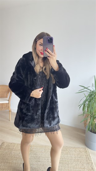 Premıum Kapüşonlu Siyah Peluş Mont