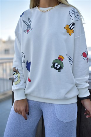 Karakter Baskılı Beyaz Sweatshirt