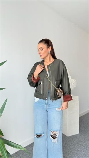 Haki Kadife Detaylı Çıtçıtlı Zra Ceket