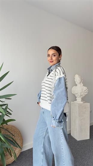 Helina Kot Detaylı Çizgili Beyaz Sweatshirt