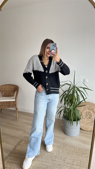 Vatka Detaylı Gri Siyah Hırka