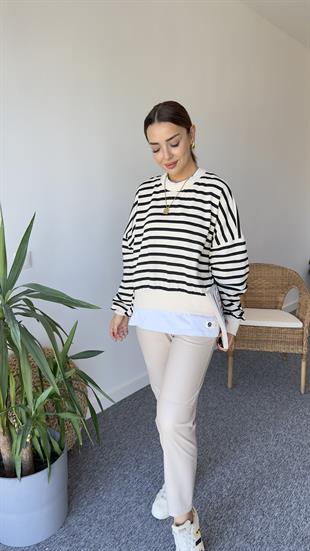 Merla Tshirt Detay Çizgili Basic Sweat