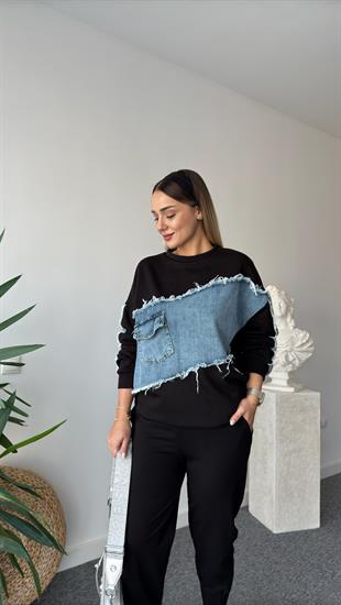 Moren Asimetrik Kotlu Siyah Sweatshirt