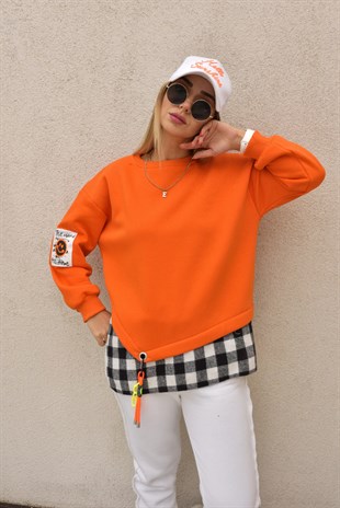 Ekose Detaylı Tasarım Turuncu Sweatshirt