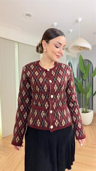 Bordo Gold Düğme Önden Cepli Triko Hırka